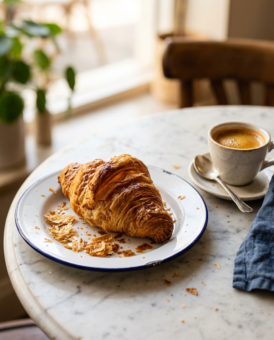 Close-up of a shatter-flaky butter croissant and espresso on a marble cafe table in morning backlight
