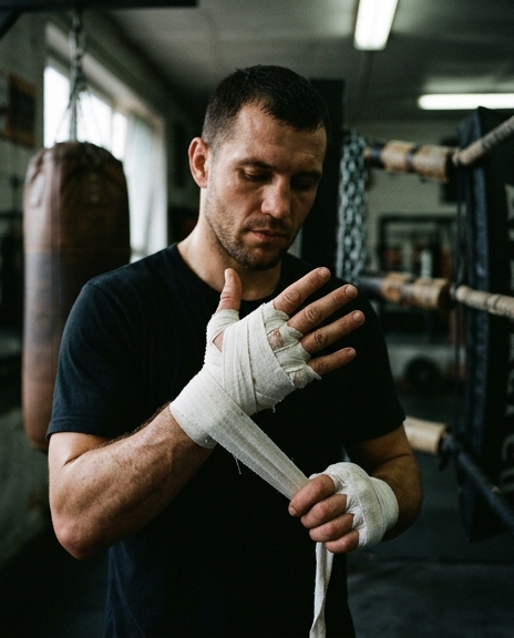 Boxer wrapping their hands with white tape in a gym, focused expression, worn ring in the background
