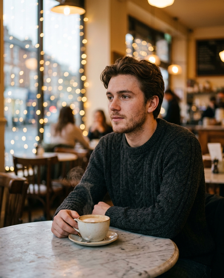85mm cafe portrait of a person at a small table with warm bokeh lights in the background