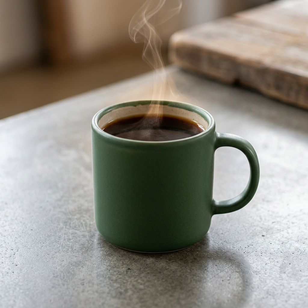 Matte forest-green ceramic coffee mug on polished concrete with a thin ribbon of steam