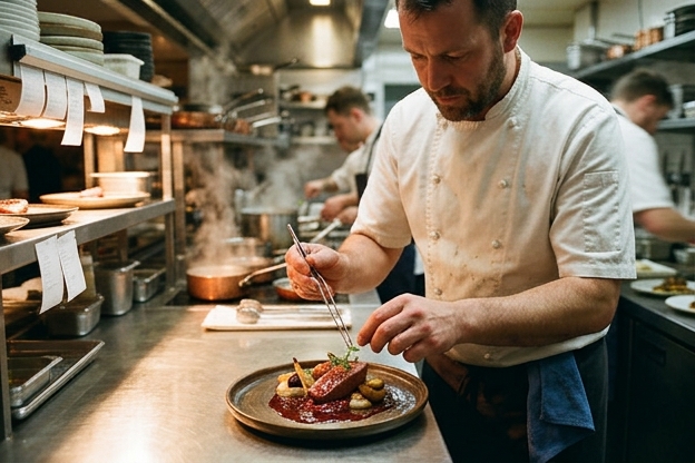 Chef plating a dish with tweezers in a busy restaurant kitchen with steam and pass lights