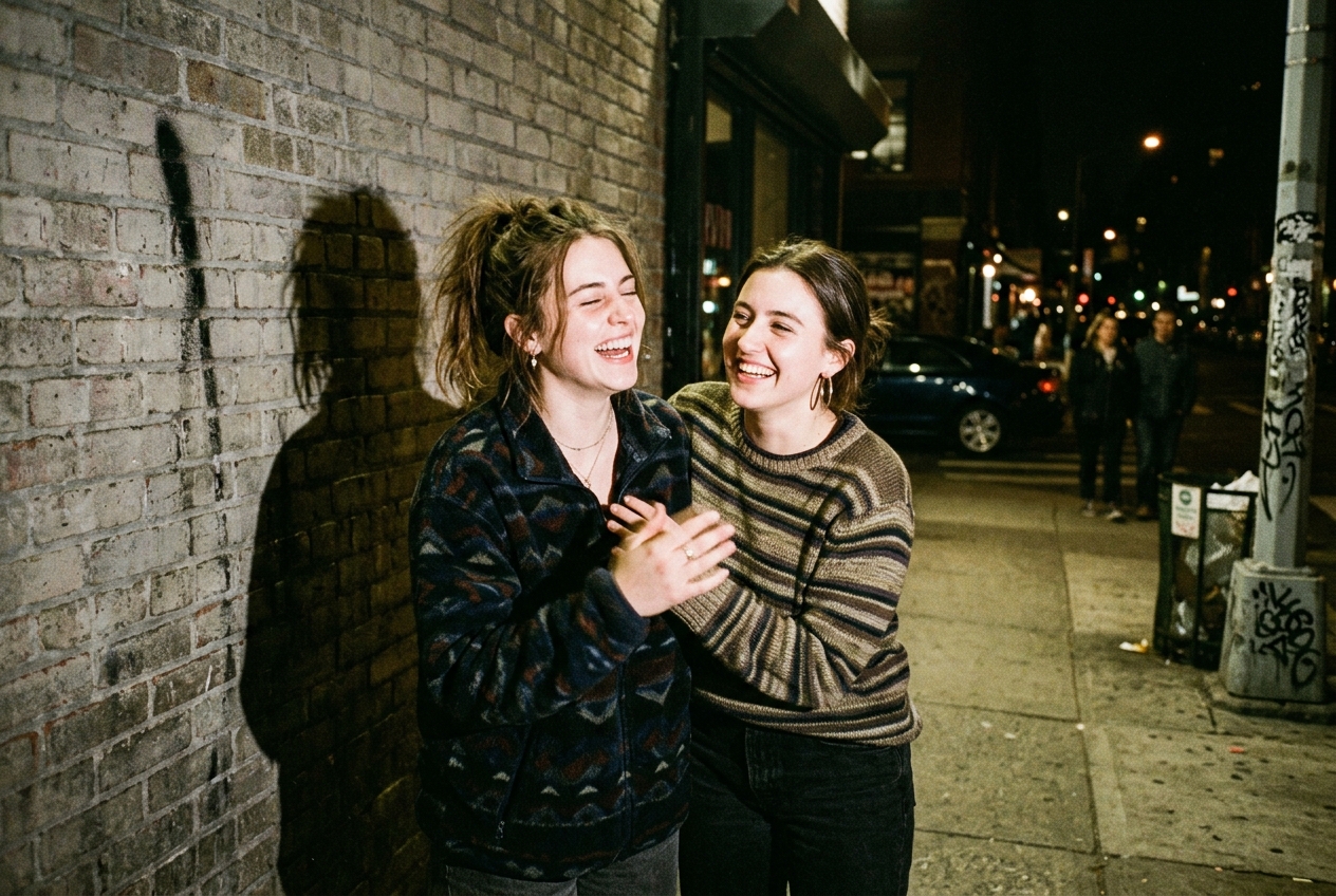 Grainy disposable-camera snapshot of friends at night with on-camera flash and warm film color