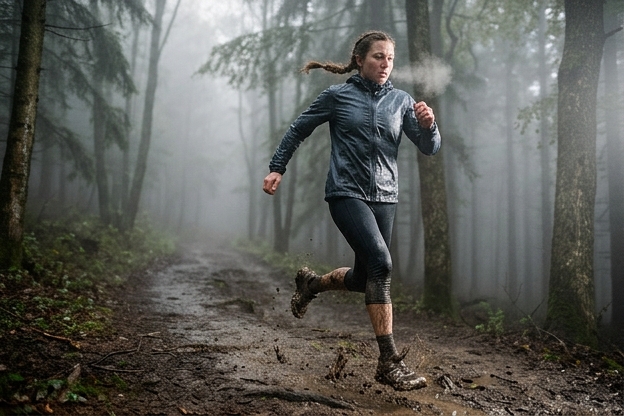 Trail runner mid-stride on a muddy forest path in fog, breath visible in cold air