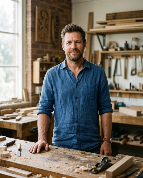 Founder portrait of a person at a sunlit workshop workbench with tools softly out of focus