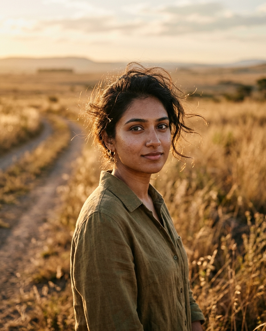 Golden hour portrait of a young South Asian woman in dry grassland with warm rim light on her hair