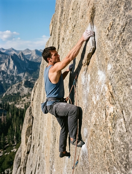Rock climber on a sunlit granite face, chalked hands reaching for a hold