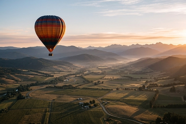 Single hot-air balloon drifting over a dawn valley with long shadows