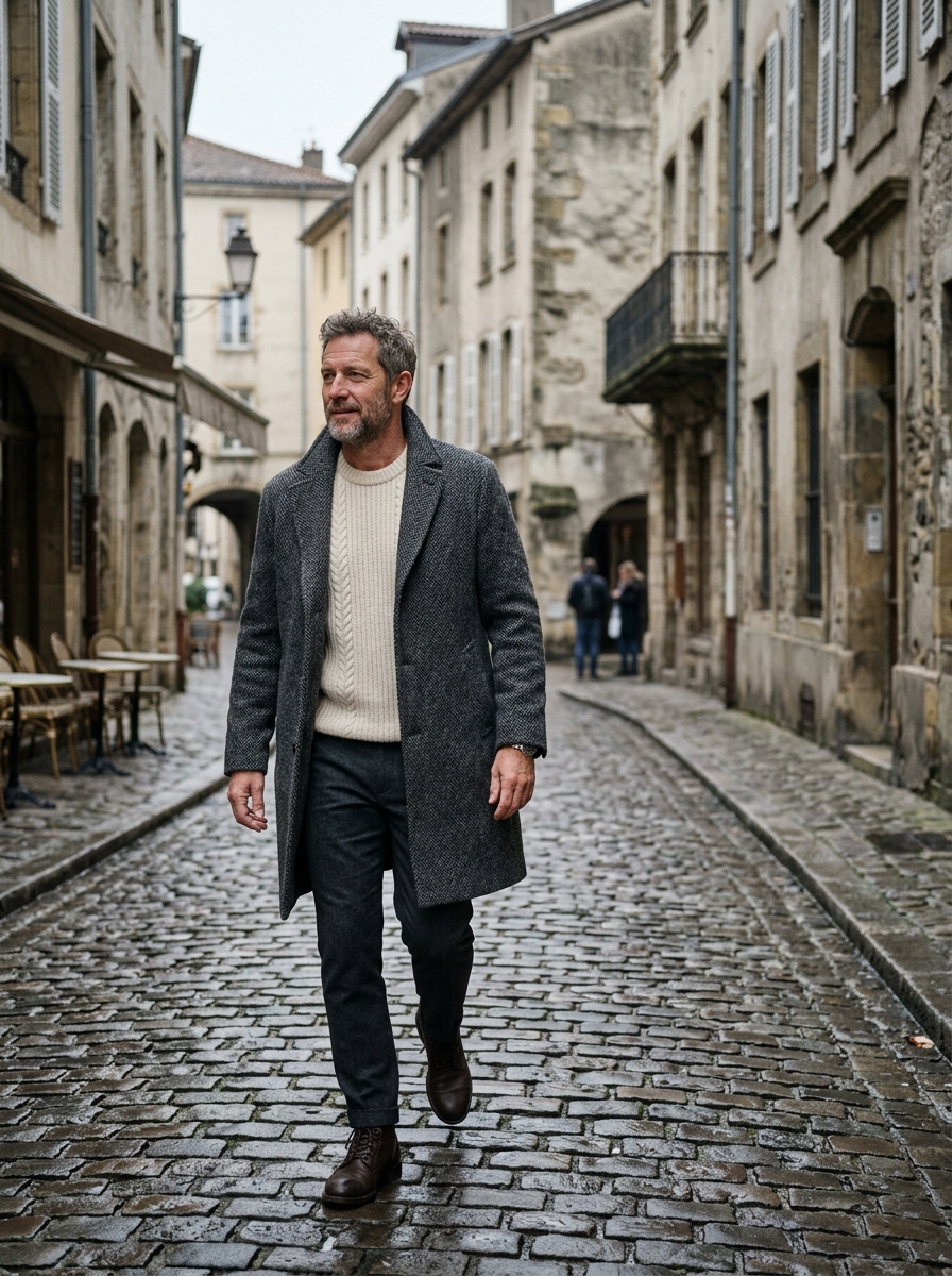 Person in a charcoal wool overcoat and cream knit sweater standing on a European cobblestone street