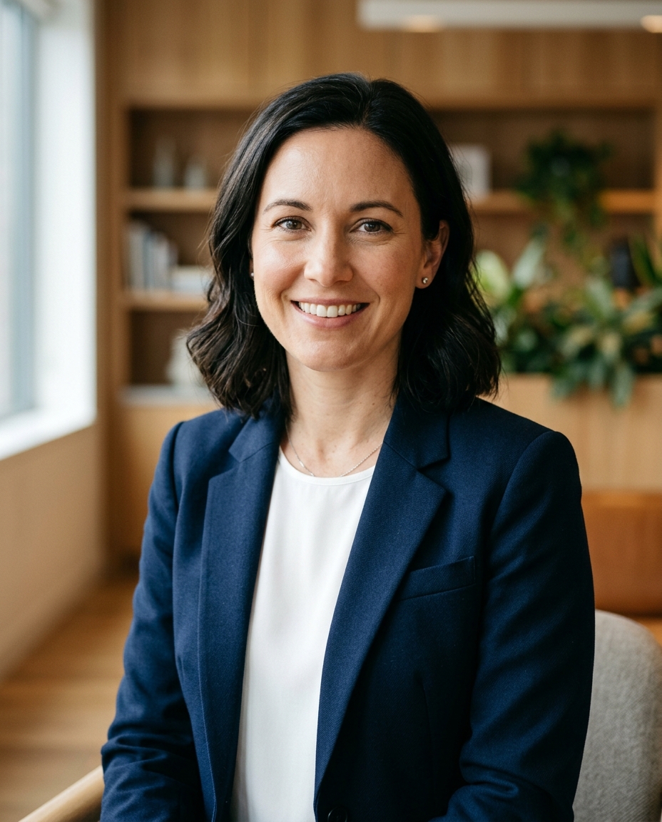 Professional LinkedIn-style headshot of a person in a navy blazer and white shirt against a softly blurred office background