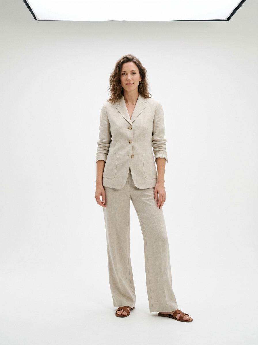Full-body e-commerce lookbook of a woman in an oatmeal linen blazer and trousers on a white sweep