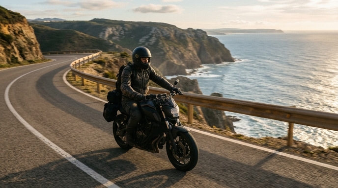Motorcyclist riding a coastal cliff road with the sea below in late sidelight