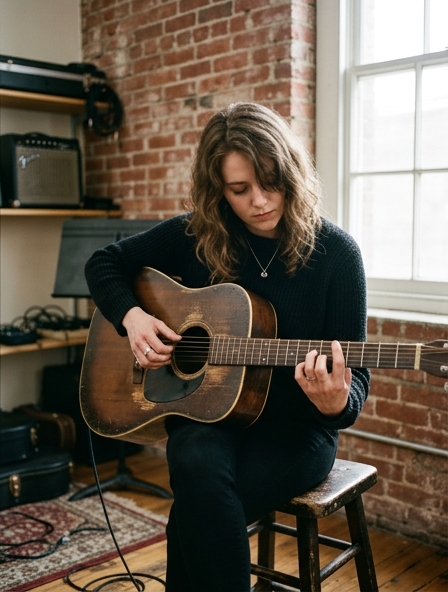 Musician seated with a worn acoustic guitar in window light, hands on the fretboard