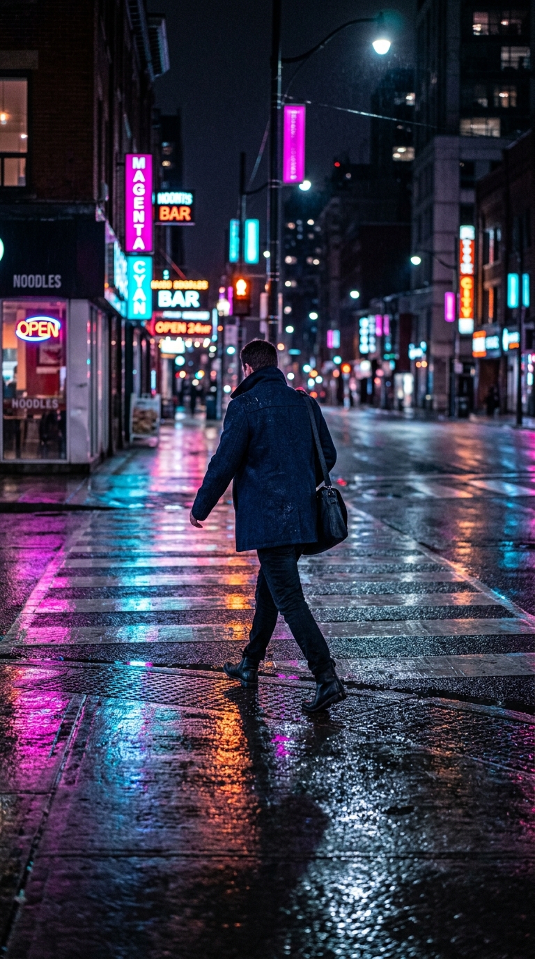 Night street photograph of a person in a dark coat crossing a rain-slick intersection lit by magenta and cyan neon