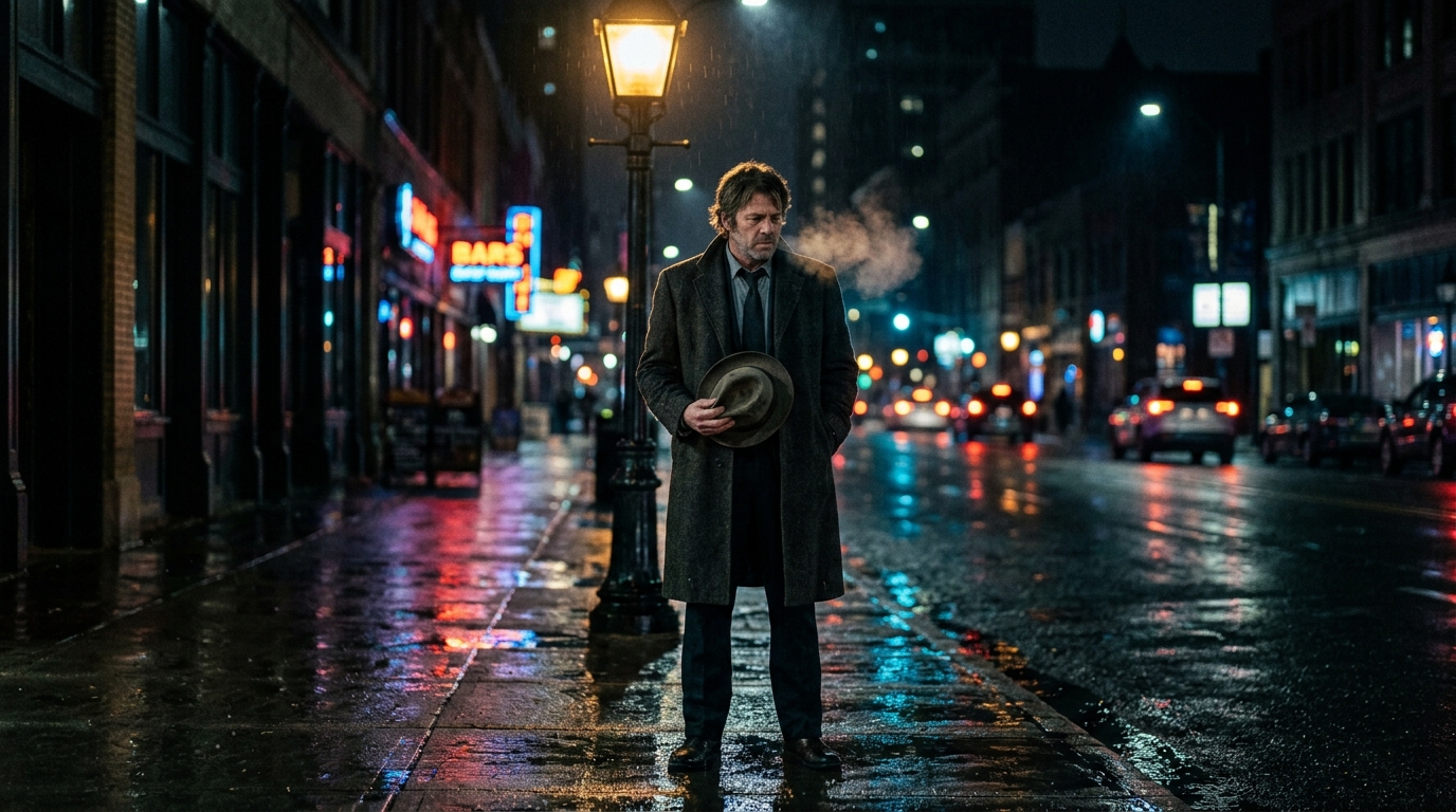 Cinematic noir still of a detective in a wool trench coat under a streetlamp on a rain-soaked night street