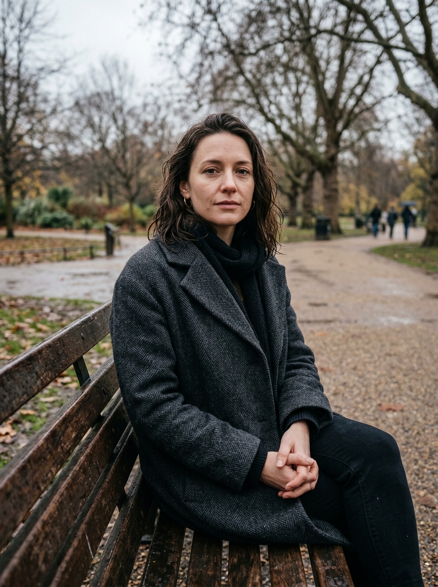 Overcast portrait of a person sitting on a wet park bench under bare trees with even open-shade light