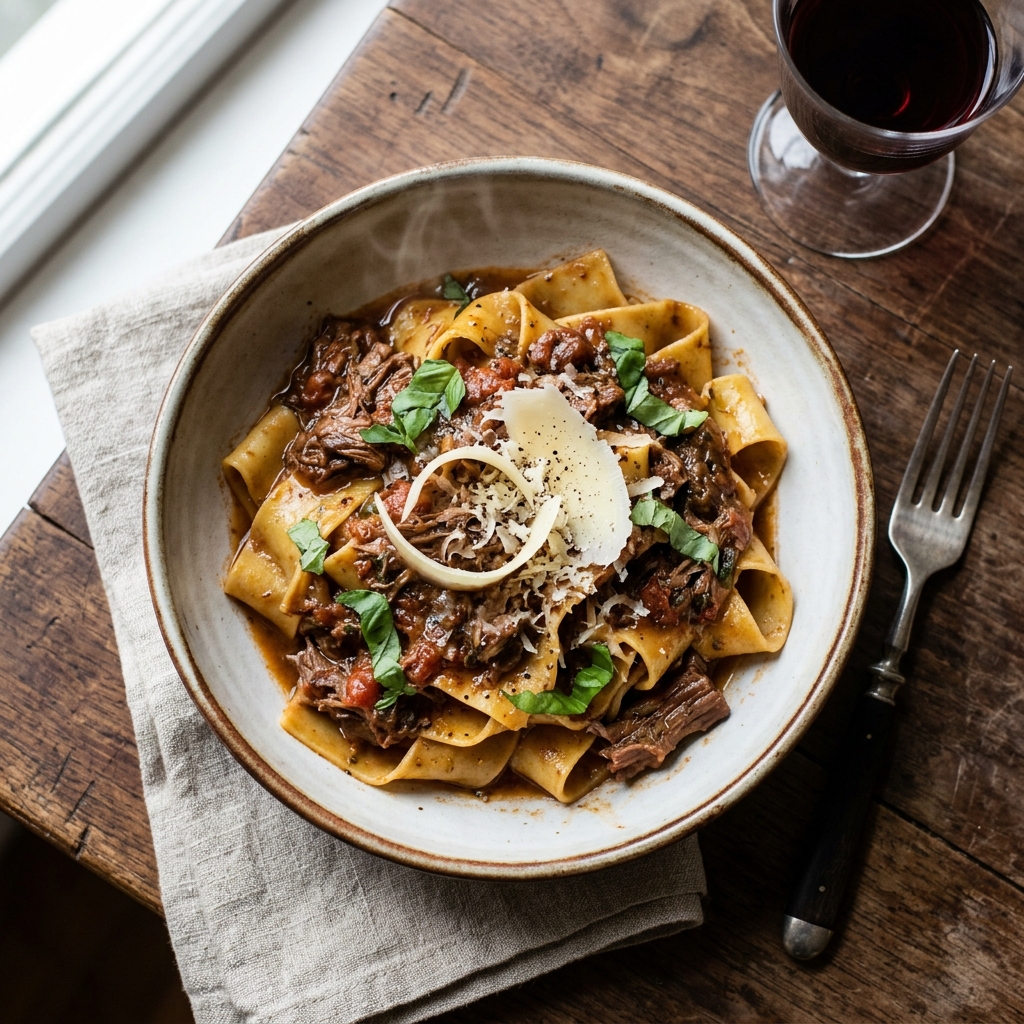 Overhead still life of pappardelle with beef ragu, basil, and Parmesan on a worn walnut table
