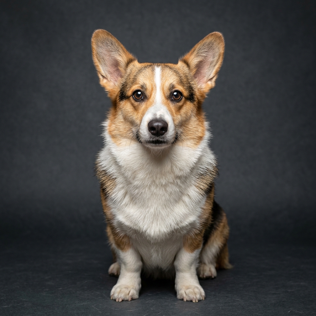 Studio portrait of a Pembroke Welsh Corgi sitting on a charcoal seamless with bright catchlights in both eyes