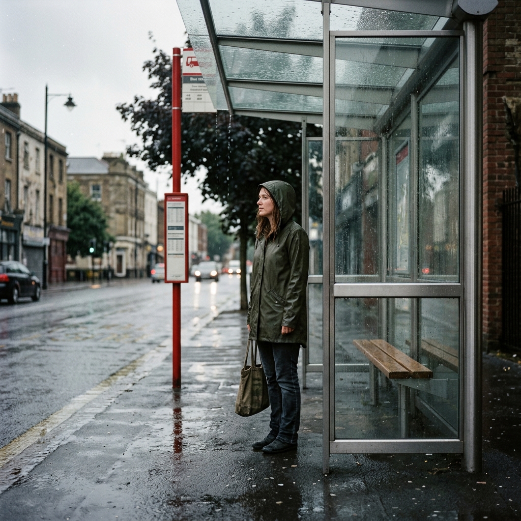 Square Polaroid-style photo of a person waiting at a rainy bus stop with wet pavement and muted instant-film color