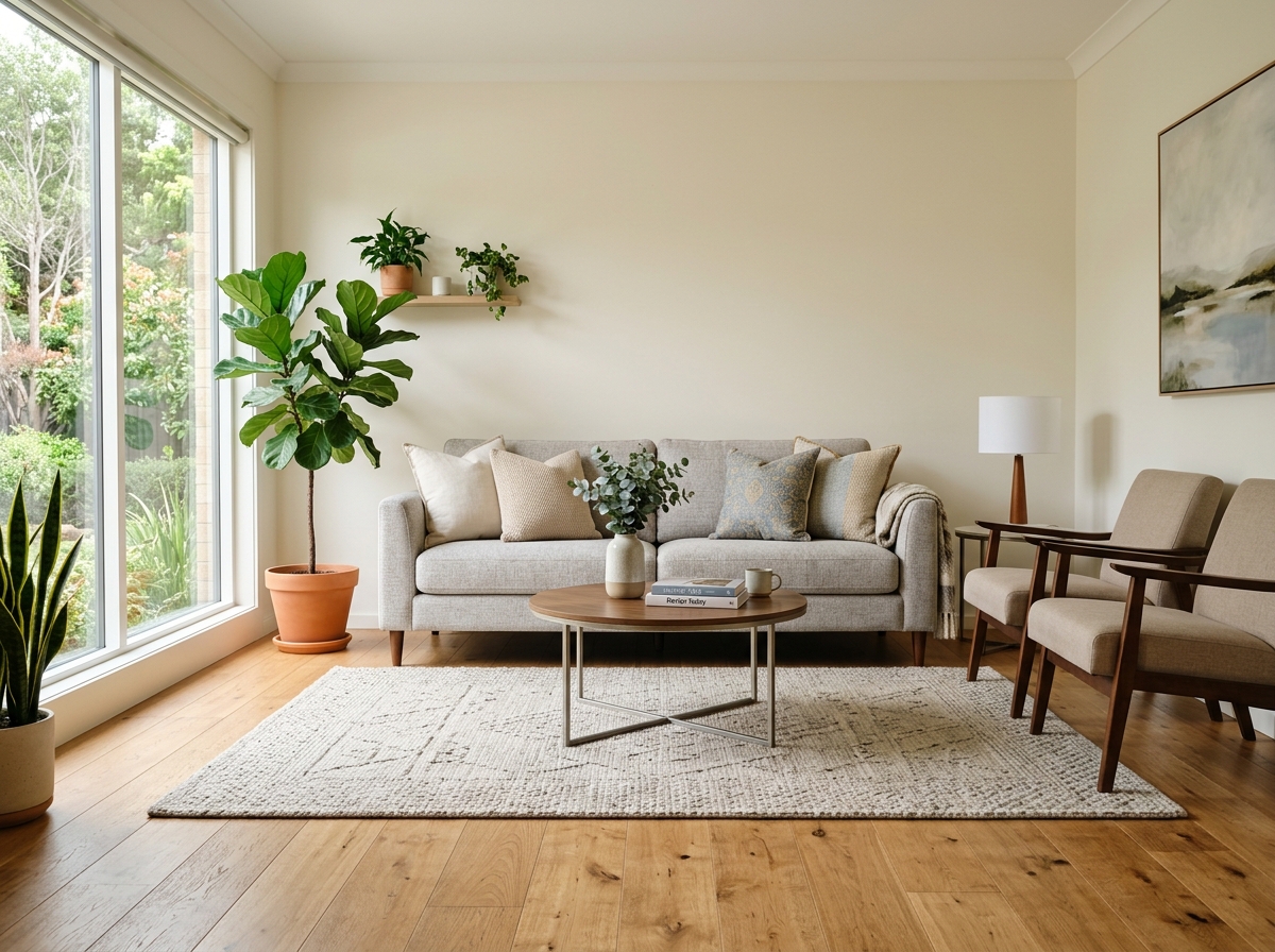Tidy photorealistic living room with sofa, pillows, plants, and window light, cleared of cables, boxes, and laundry