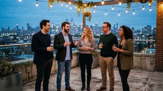 Corporate team of five standing on a rooftop at dusk with a city skyline and warm practical lights