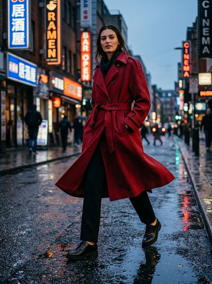 Fashion editorial of a model in an oversized crimson trench walking on wet city asphalt at dusk