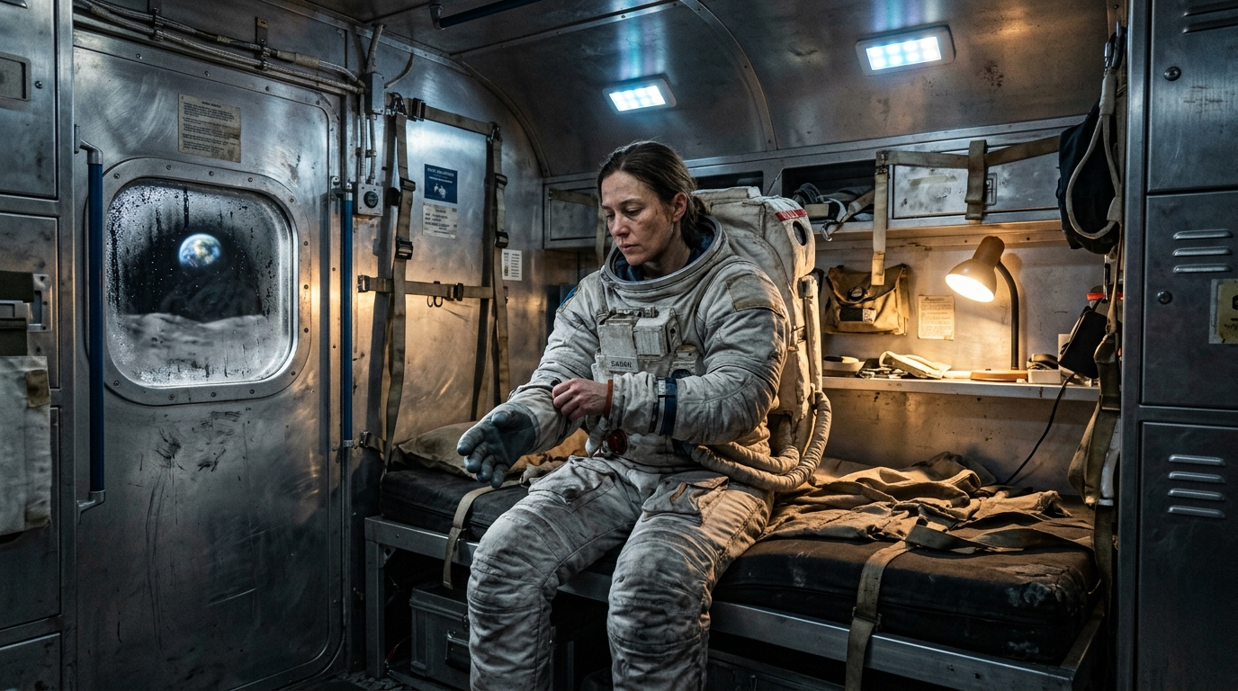 Cinematic wide shot of an astronaut sitting on a bunk in a cramped lunar habitat, removing a glove