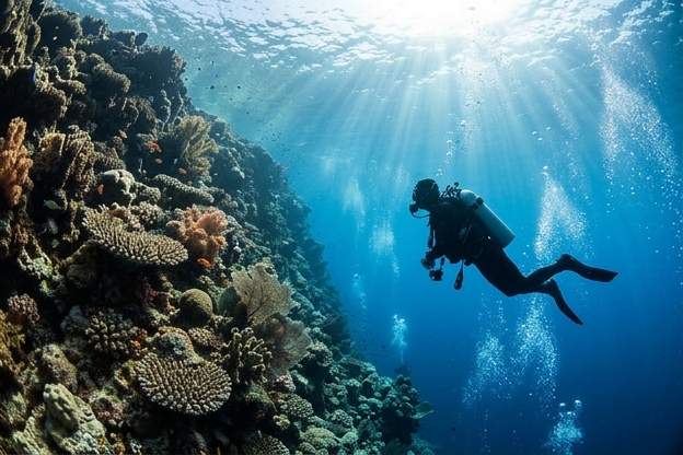 Scuba diver floating beside a coral wall with underwater sunbeams