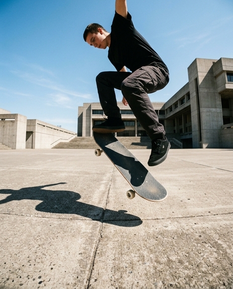 Skateboarder mid-trick in an empty concrete plaza under hard noon light
