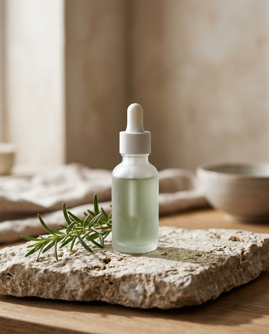 Frosted glass dropper bottle of pale sage serum on raw limestone beside a sprig of rosemary