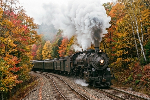 Steam train rounding a curve through an autumn forest with maple color and rising steam