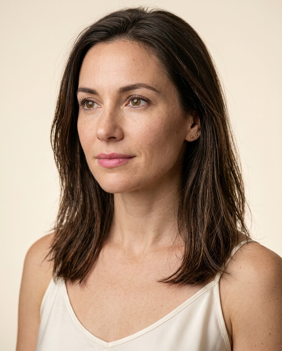 High-key studio beauty portrait of a woman with natural makeup and visible skin texture on an ivory backdrop