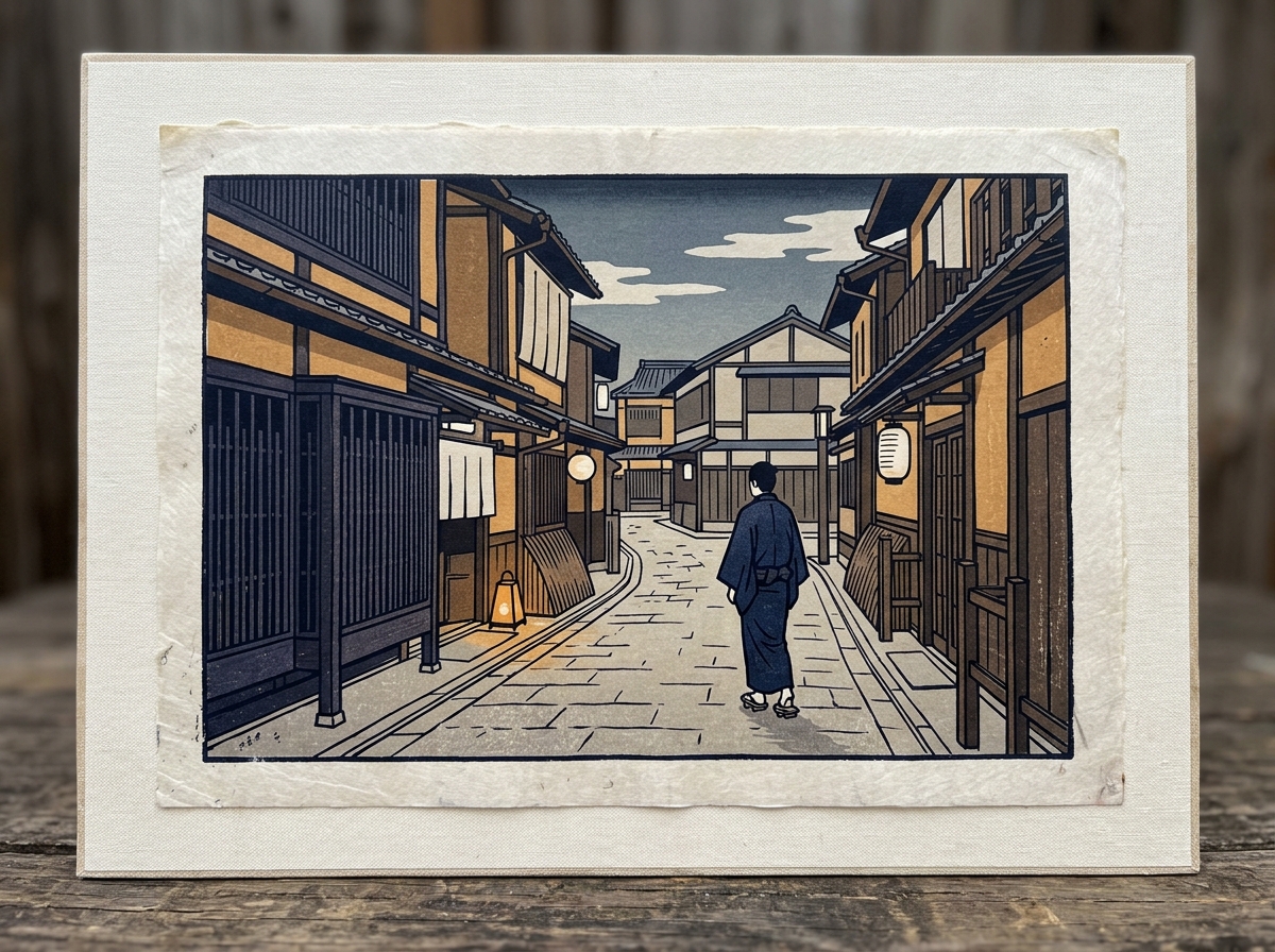 Japanese woodblock-print style street scene with flat color planes in indigo, warm ochre, and off-white