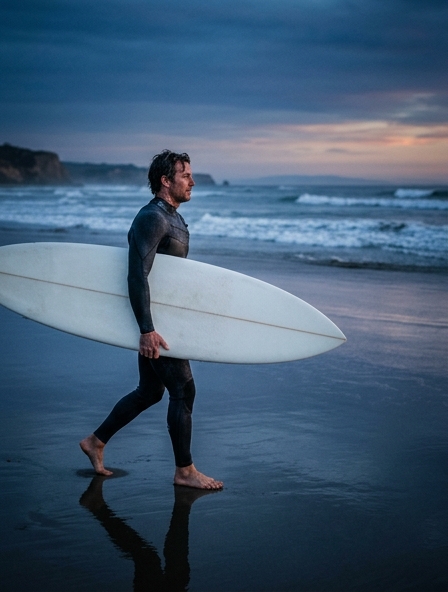 Surfer walking along wet sand at blue hour carrying a board under one arm