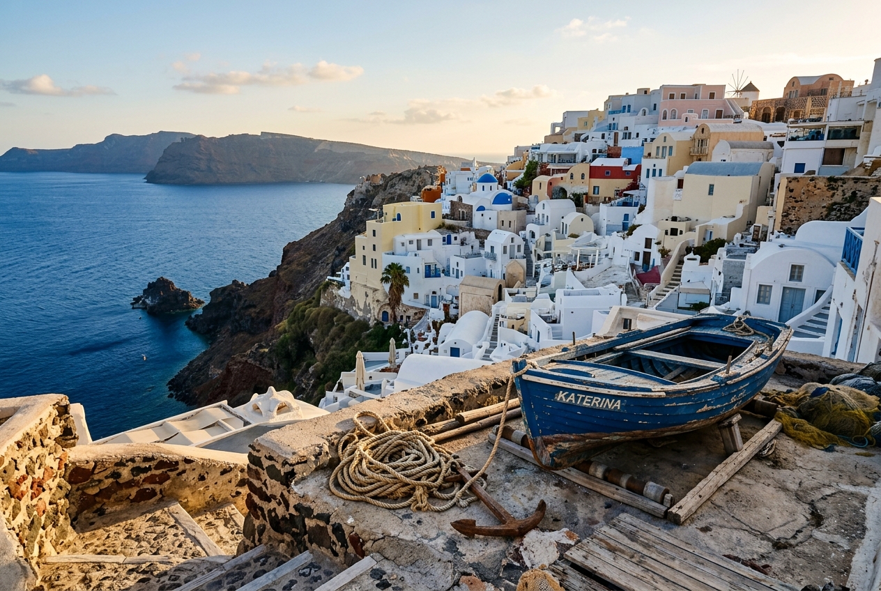 Late-afternoon travel photo of a whitewashed coastal town on a cliff above a cobalt sea with a blue fishing boat