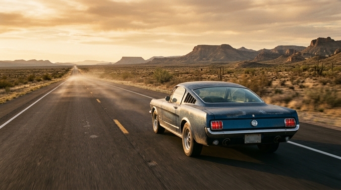 Vintage car on an empty desert two-lane highway in late sun with heat haze
