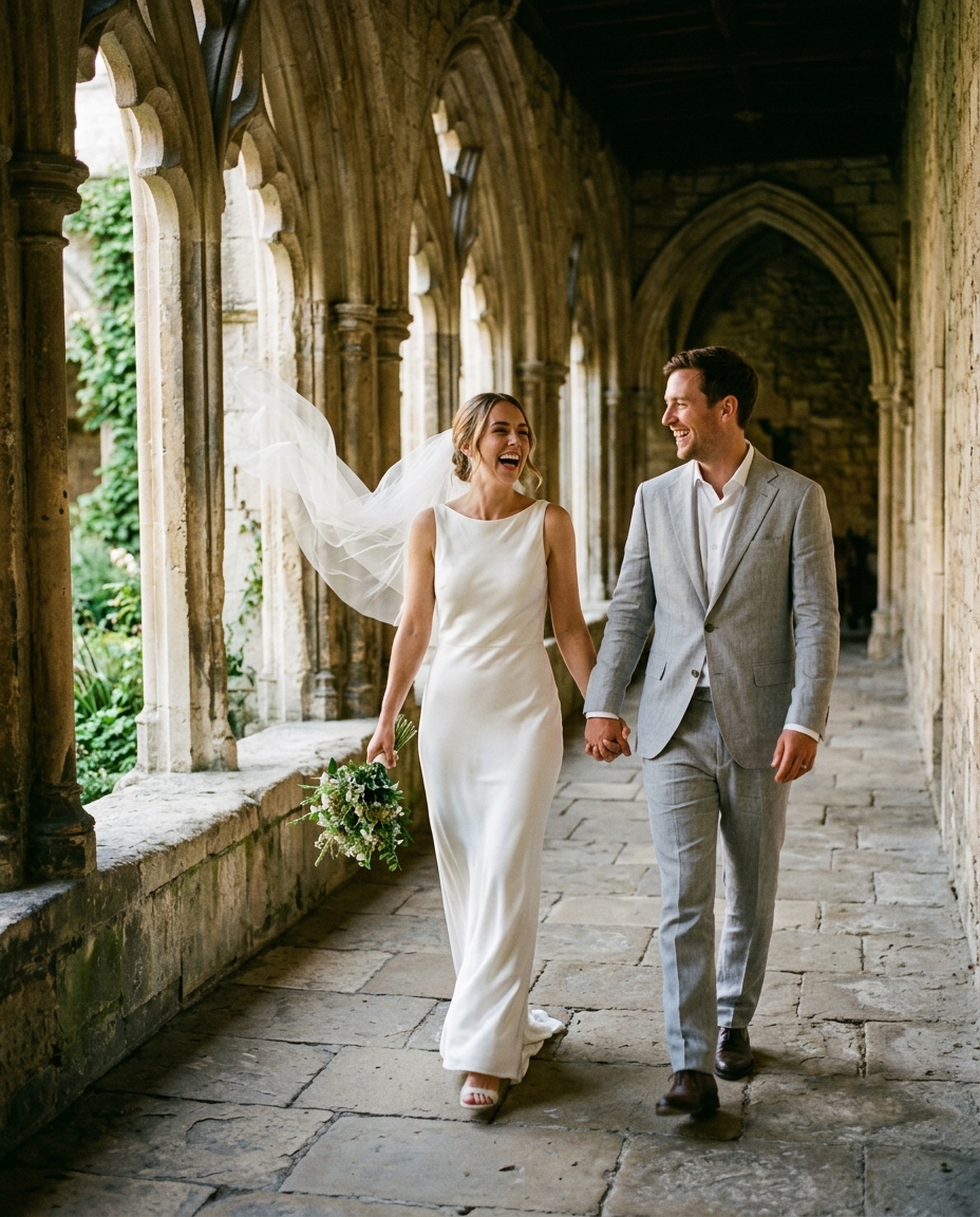 Documentary wedding photograph of a couple walking and laughing through a stone cloister, veil lifting in a breeze