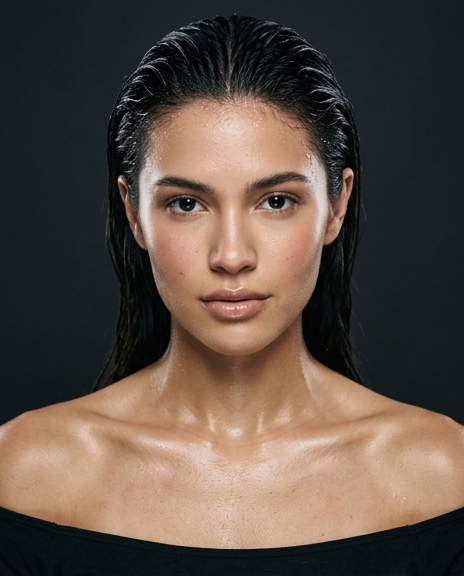 Editorial beauty close-up of a model with slicked wet hair, dewy skin, and a hard beauty-dish catchlight