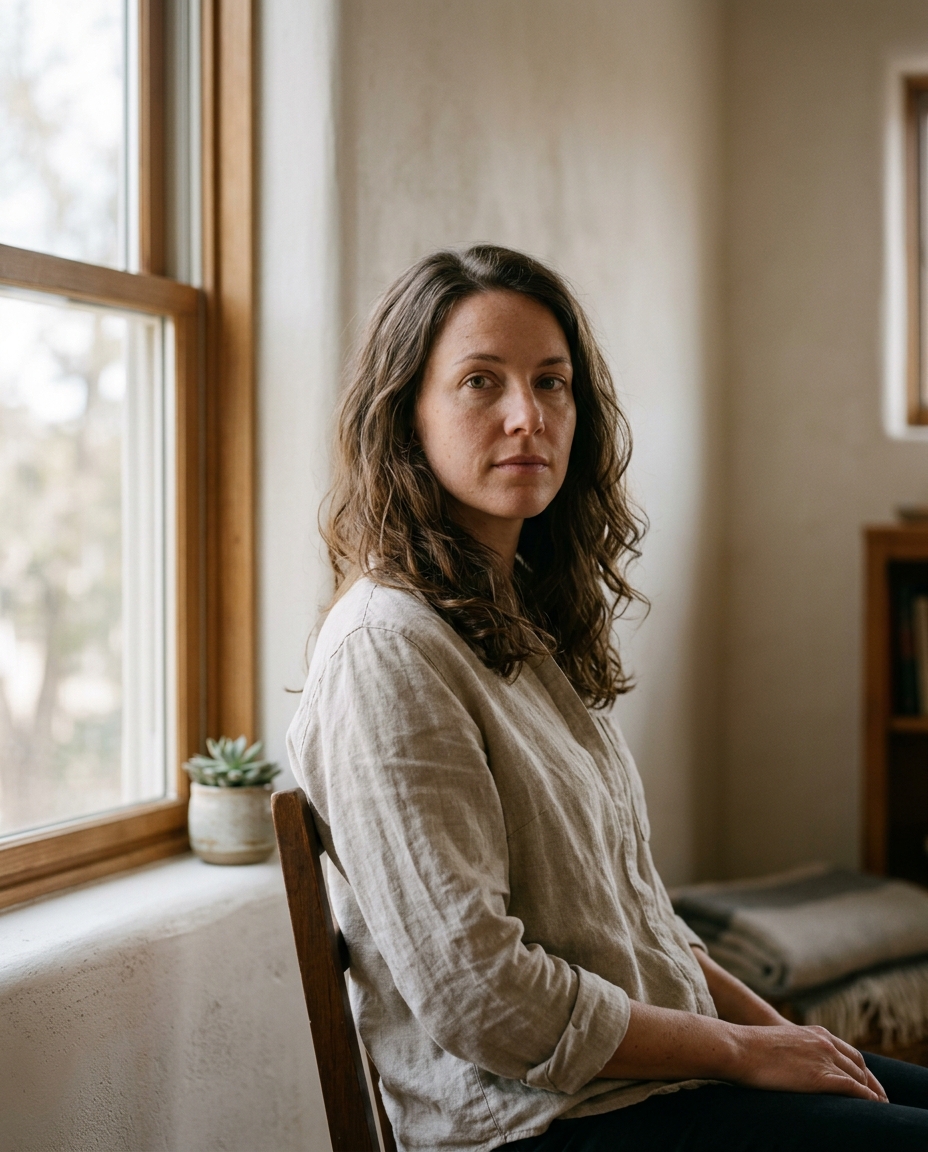 Soft window-light self-portrait of a person seated beside a tall window, natural skin texture and calm expression