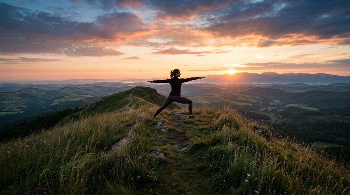 Silhouette of a person in a yoga warrior pose on a ridge at sunrise